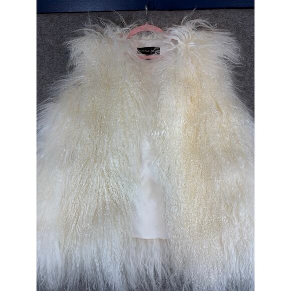 Adrienne Landau Sheep Fur Vest Womens M Ivory Shaggy Open Front Boho Chic Hippie - Picture 1 of 8